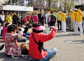 法轮功学员四月十七日周日在樱花节上做功法演示，观众现场学习