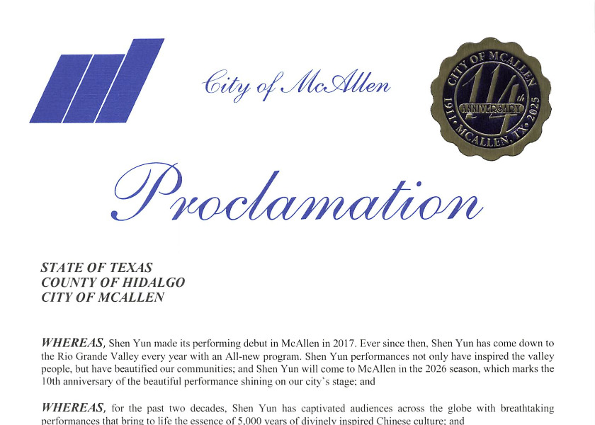 Image for article Texas, USA: Mayor of McAllen Proclaims Shen Yun Performing Arts Day