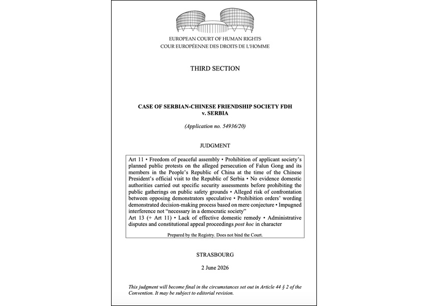 Image for article European Court of Human Rights Rules That Serbia Violated Falun Gong Practitioners’ Rights